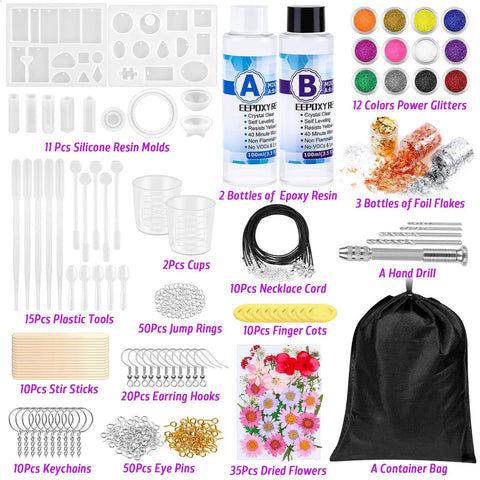 Beginner Resin Craft Kit With Molds And Silicone For Epoxy Resin Projects Includes Dried Flowers Foil Flakes Necklace Cord Earring Hooks