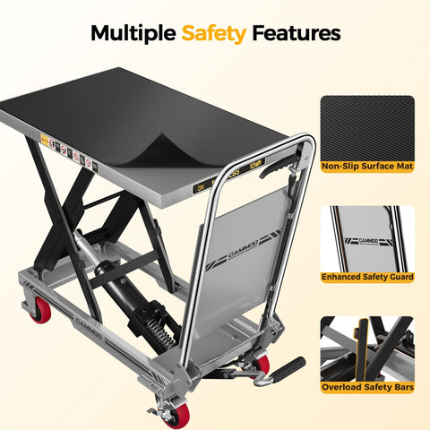 CAMMOO hydraulic lift table cart, gray, 500 lb capacity, non-slip pad, foldable handle