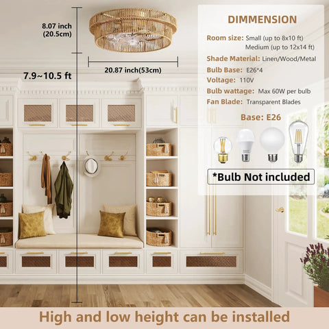 Keep Your Living Area Chill With This Dope Boho Rattan Ceiling Fan With Integrated Light And Flush Mount Low Profile Design Crafted For Smooth Airflow And Cozy Indoor Vibes Every Day, installation height and dimension details.