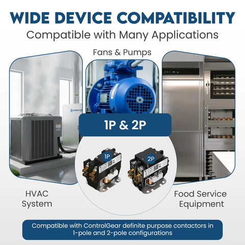 Wide device compatibility of 2-Pole Definite Purpose Contactor With 120V Coil 40 Amp Heavy Duty HVAC Switch for various applications.