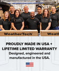 Group of WeatherTech employees with boxes, proudly made in USA, showcasing quality and reliability.