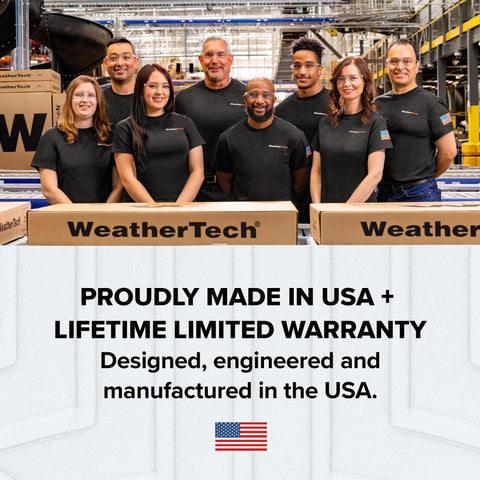 Group of WeatherTech employees with boxes, proudly made in USA, showcasing quality and reliability.