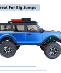 Blue RC car showcasing Beefy Heavy Duty Aluminum RC Shock Absorbers Set Four 48mm Adjustable Dampers For SCX24 1/24 Crawler Upgrades