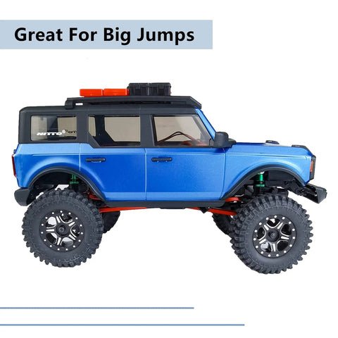 Blue RC car showcasing Beefy Heavy Duty Aluminum RC Shock Absorbers Set Four 48mm Adjustable Dampers For SCX24 1/24 Crawler Upgrades
