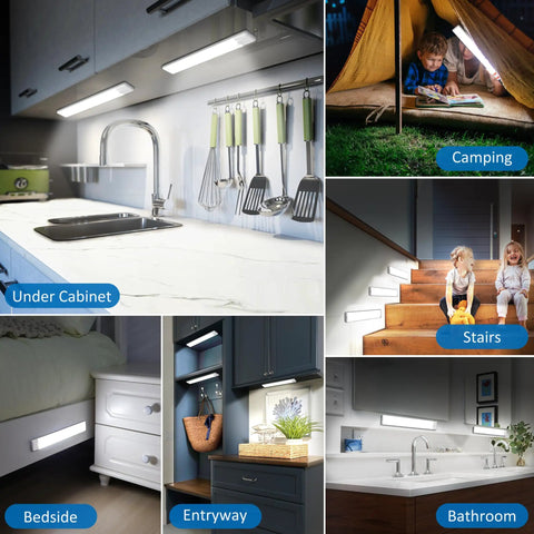 Collage of Under Cabinet Motion Sensor Lights 3 Pack Magnetic Rechargeable Bar Wireless Stick On Night Light used in various settings