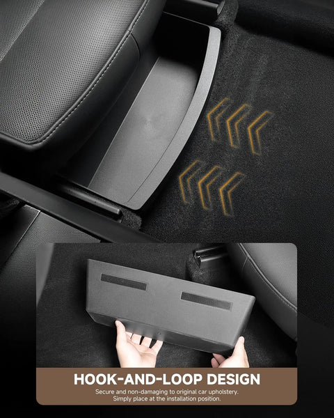 Dead On Fit Under Seat Storage For Tesla Model Y Black 2 Pack rugged organizer showing installation area with hook-and-loop design.