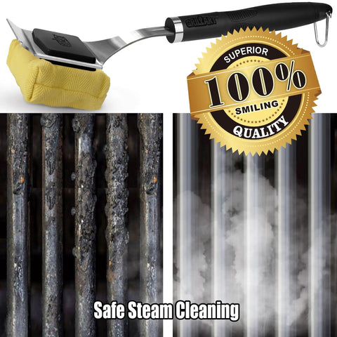 Bristle Free Grill Brush With Steam Cleaning Safe Non Metallic Pad Replaceable Head For Any Grill Grate 17 Inch Long Handle