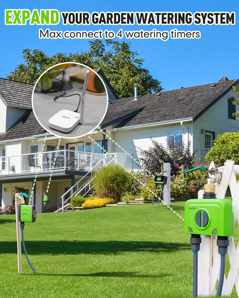 Long Range WiFi Antenna Gateway For Water Timers And Sprinkler Controllers With 250 Meter Reach And Wall Penetration shown in garden