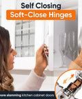 Woman using Frameless Soft Close Cabinet Hinges Pack Of 2 3 Way Adjustable Metal Hinges for kitchen cabinet