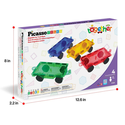 Four Piece Magnetic Car and Truck Base Tiles Set for Creative Building and Movable Vehicles, Compatible With Magnet Tile Sets box