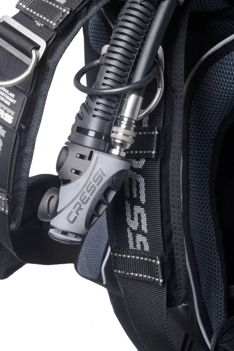 Close-up of Wing Style Scuba BCD With Aquawing Plus One Size Unisex showing hoses and modular system straps.
