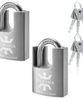 Built Tough Heavy Duty Stainless Shrouded Padlock With Keys, 2 Pack, 1-9/16 Inch 40mm, SUS304 Weatherproof Lock For Indoor And Outdoor Use, Anti Rust, High Security, Keyed Alike, showing two stainless padlocks and four keys.
