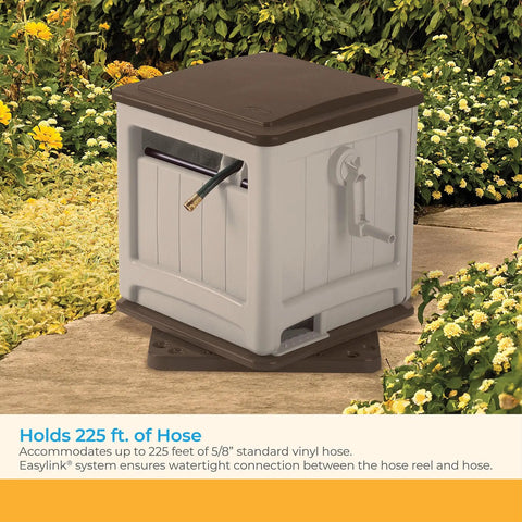 Swivel Hideaway Hose Reel With Crank Handle And Hose Guide 225 Ft Capacity Mocha Taupe Finish For Large Yards Smooth Winding And Easy Storage in garden