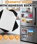 Adhesive Magnetic Sheets 8x10 Inches Flexible Magnetic Paper 50 Pack With Sticky Backing displayed on refrigerator with photos
