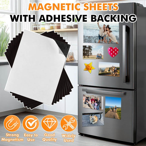 Adhesive Magnetic Sheets 12 By 16 Inches, 20 Mil Thick displayed on fridge with photos and notes, pack of 12 sheets with adhesive backing