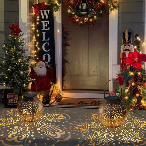 Outdoor Solar Lanterns With Cute Owl Cutouts Two Pack Waterproof Garden Decor illuminating front porch pathway at night