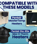 Compatibility chart showing Pentair MasterTemp and Sta-Rite Max-E-Therm heaters for Replacement High Limit Switch 42001-0063S use
