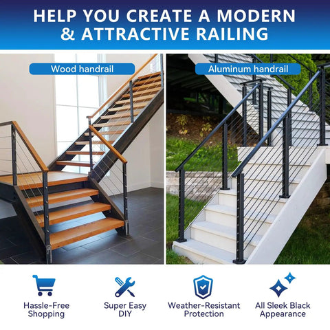 Heavy Duty Four Pack Deck Cable Railing Kit With 164 Foot Stainless Wire Rope Invisible Connectors Complete Hardware Dead Simple Assembly Built Tough Pro Level Railings shown with wood and aluminum handrails.