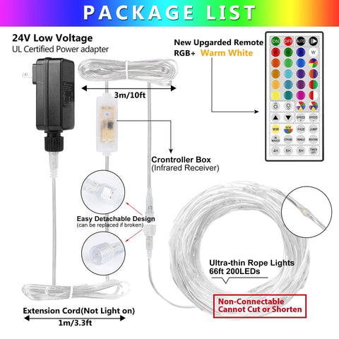 Package content of 66Ft Ultra Thin LED Rope Lights Outdoor Waterproof Fairy Lights With 24 RGB Colors And Warm White 2700K 200 LED Outdoor Christmas Party Decor Plug In For Indoor Bedroom Living Room Vibe.