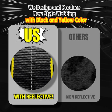 Comparison of heavy duty webbing with reflective black and yellow design versus standard non-reflective webbing.