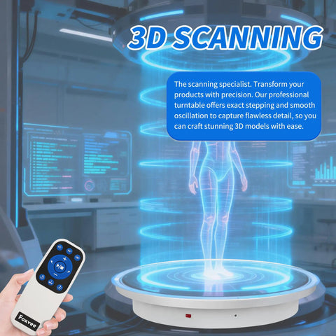 Super Heavy Duty Motorized Turntable With Speed Adjustable Base For Human 3D Scan And Store Display showcasing Massive 660 Lb Load Capacity Plus Continuous Rotation To Impress Clients Every Single Time, with remote and holographic model.