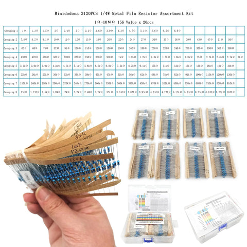 Front view of Minidodoca 3120-piece metal film resistor kit, 156 values, with labeled sleeves and storage cases