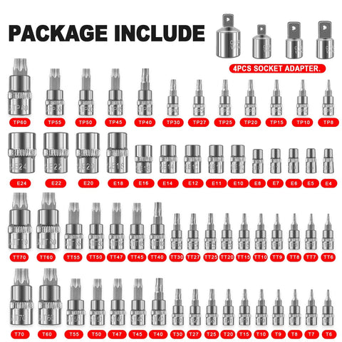Torx Bit Socket Set And External Torx Socket Set, 64 Pieces, 3/8, 1/4, 1/2 Inch Drive Master Torx Automotive Tool with adapters shown