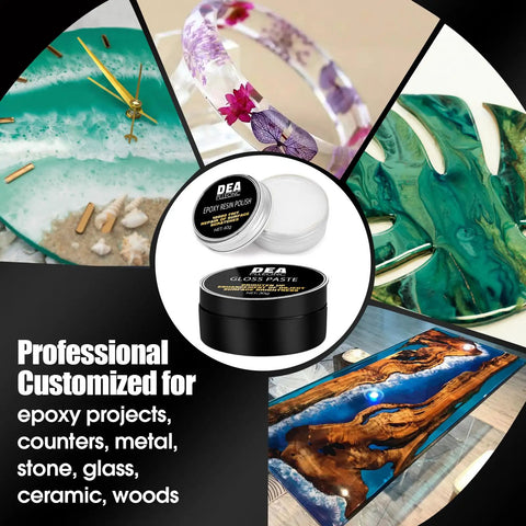 Pro Grade Epoxy Resin Polishing Kit For High Gloss Finishes, Powerful Polishing Compound, shown with art and jewelry examples