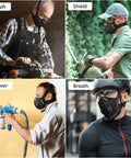 Two men woodworking and gardening, two men wearing dust mask with carbon filters and air valves, reusable, black large, breathable design