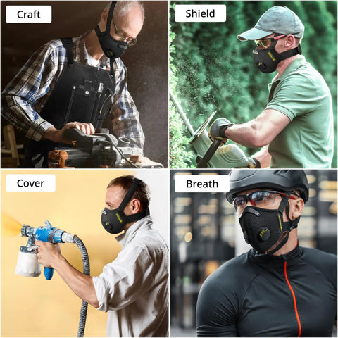 Two men woodworking and gardening, two men wearing dust mask with carbon filters and air valves, reusable, black large, breathable design