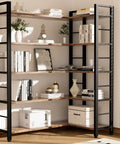 Sixty Five X Fifty L Shaped Bookshelf With Five Tier LED Accent Lighting Ten Spacious Open Compartments Adjustable Leveling Feet Slick Corner Rack For Chill Home Office Setup And Seriously Dope Display featuring a rustic finish and modern design.