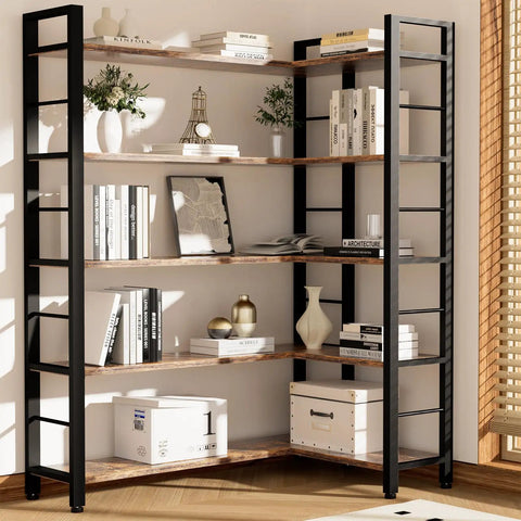 Sixty Five X Fifty L Shaped Bookshelf With Five Tier LED Accent Lighting Ten Spacious Open Compartments Adjustable Leveling Feet Slick Corner Rack For Chill Home Office Setup And Seriously Dope Display featuring a rustic finish and modern design.