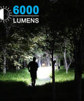 Person walking in dark forest illuminated by 6000 Lumen Waterproof Marine Spotlight With Rechargeable LED Battery, night scene.