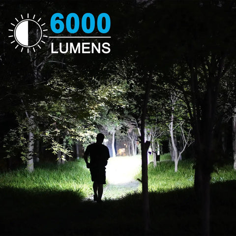 Person walking in dark forest illuminated by 6000 Lumen Waterproof Marine Spotlight With Rechargeable LED Battery, night scene.