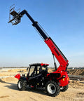 Heavy Duty 4Wd Telehandler Forklift Rig With Swappable Forks Heavy Bucket And Crane Jib, towering on job site.