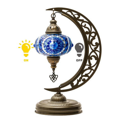 Dope Moon Shaped Mosaic Table Lamp With Turkish Glass Handmade Moroccan Boho Vintage Stained Glass Desk Lamp in blue, lit