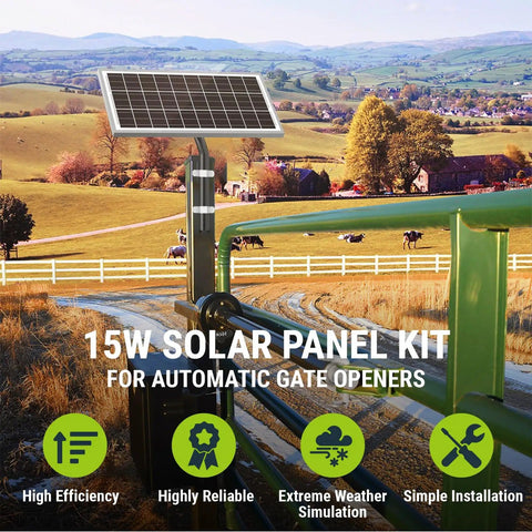 15W 12V Solar Panel For Automatic Gate Openers Fits Mighty Mule Systems No Fuss Plug And Play Charger Kit installed on gate