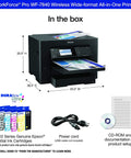 Wide-Format All-In-One Printer With Wireless Printing Up To 13 By 19 Inches, Copy Scan And Fax, shown with ink cartridges, power cord, CD-ROM