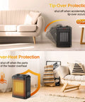 Tiny But Mighty 1500W PTC Ceramic Space Heater with Thermostat showing tip-over and overheat protection features in a living room.