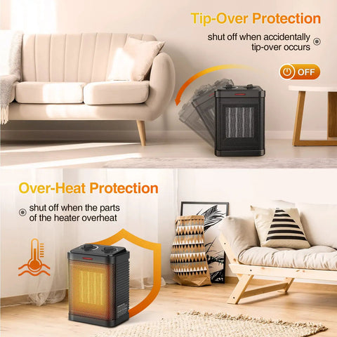 Tiny But Mighty 1500W PTC Ceramic Space Heater with Thermostat showing tip-over and overheat protection features in a living room.