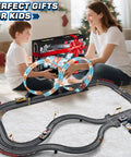 Mother and son with Epic Slot Car Race Track Set With Four Cars Battery Or Electric Power Glow Lights Circular Overpass Dual Lap Counter Realistic Turns For Kids Ages 6 To 12 Easy Build Gift For Boys And Girls in living room