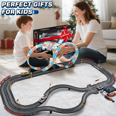Mother and son with Epic Slot Car Race Track Set With Four Cars Battery Or Electric Power Glow Lights Circular Overpass Dual Lap Counter Realistic Turns For Kids Ages 6 To 12 Easy Build Gift For Boys And Girls in living room
