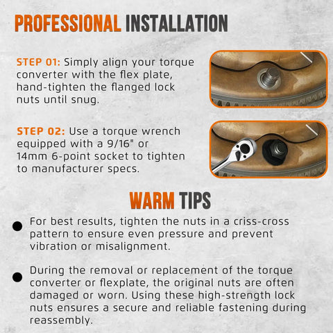 Installation guide for Beefy 3/8 24 Torque Converter To Flex Plate Bolts, showing alignment and tightening tips.
