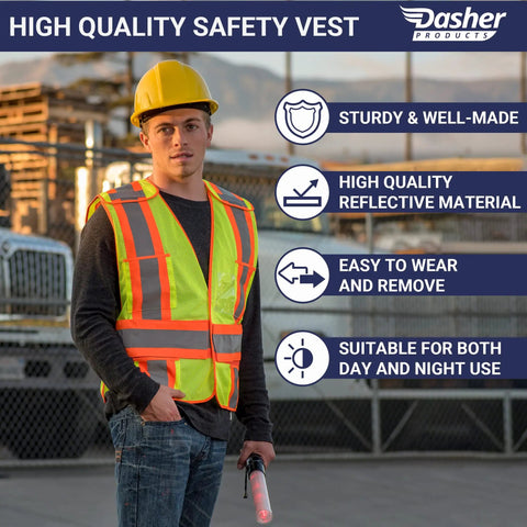 Person wearing High Visibility ANSI Class 2 Breakaway Safety Vest with Five Pockets Yellow Breathable Mesh in work setting