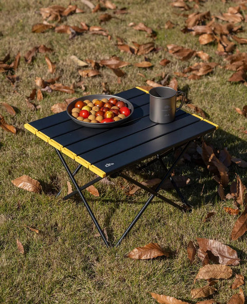 Ultralight Camping Folding Table with carry bag, durable aerospace grade aluminum, black small size, outdoors with coffee and fruits
