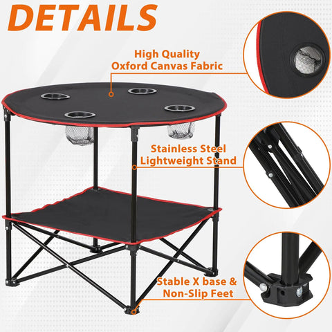Portable Folding Picnic Table For Outdoors With 4 Cup Holders, Oxford Canvas Top, Steel Frame, Anti Slip Feet, 2-Tier Design