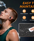 Person rinsing head with water next to features graphic of rubber mats: wear-resistant, easy to clean, non-slip, no shedding.