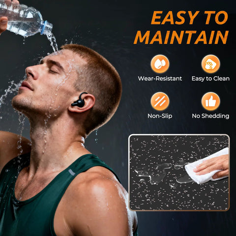 Person rinsing head with water next to features graphic of rubber mats: wear-resistant, easy to clean, non-slip, no shedding.