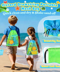 Kids carrying Kiddo Friendly 28 Piece Beach Sand Toys Set for Kids Toddlers Ages 3 10 with mesh bags on beach.