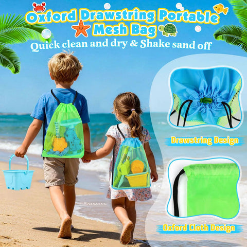 Kids carrying Kiddo Friendly 28 Piece Beach Sand Toys Set for Kids Toddlers Ages 3 10 with mesh bags on beach.